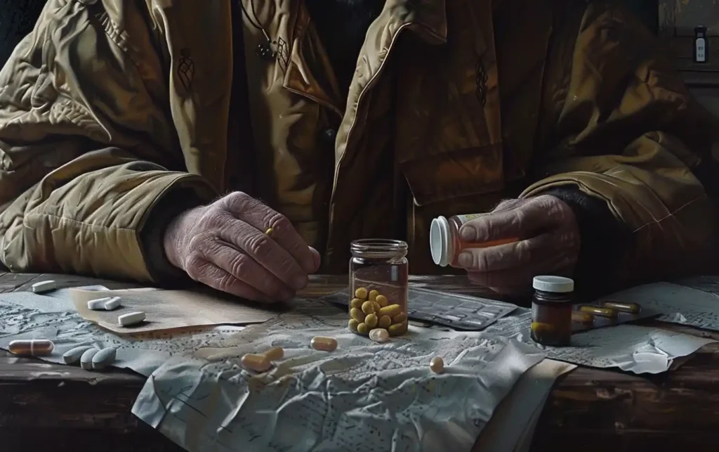 man sitting table bottles medicine
